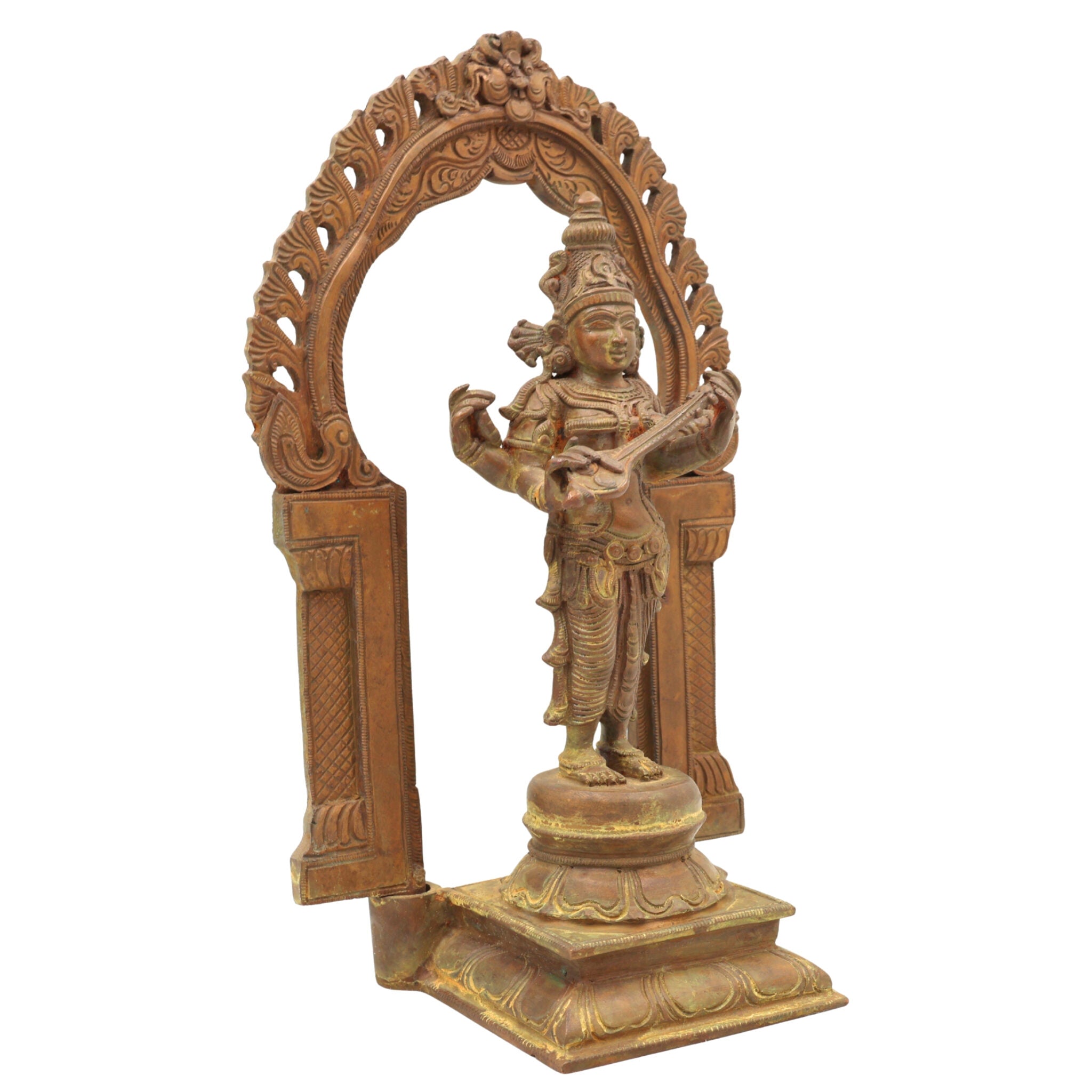 Handmade Bronze Saraswati Idol, Panchaloha Goddess Statue Sharada, Vani, Veena Pustak Dharini Murti for Home, Temple & Office Decor,Brown, 11 Inch, 1 Piece
