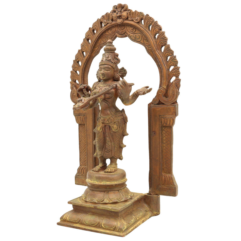 Handmade Bronze Saraswati Idol, Panchaloha Goddess Statue Sharada, Vani, Veena Pustak Dharini Murti for Home, Temple & Office Decor,Brown, 11 Inch, 1 Piece