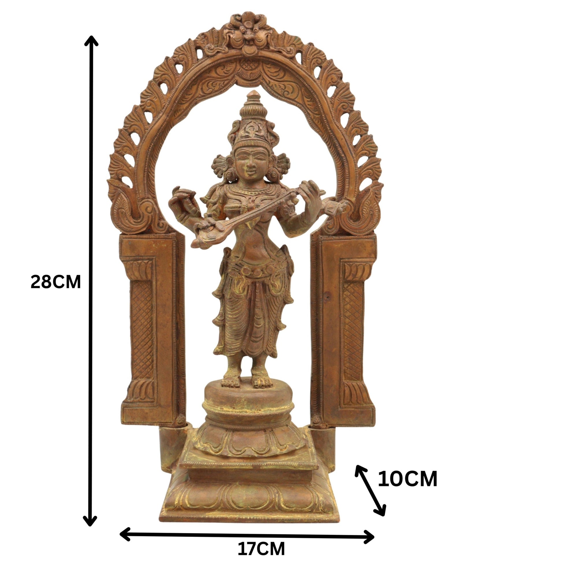 Handmade Bronze Saraswati Idol, Panchaloha Goddess Statue Sharada, Vani, Veena Pustak Dharini Murti for Home, Temple & Office Decor,Brown, 11 Inch, 1 Piece