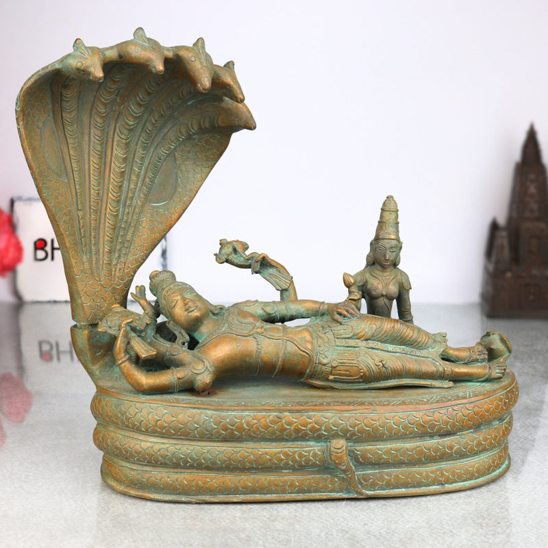 Handcrafted Panchaloha Bronze Padmanabha Idol – , Anantha Padmanabha Murti, Chola Art South Indian Vishnu Statue for Temple & Home Pooja,Brown, 10.5 Inch, 1 Piece