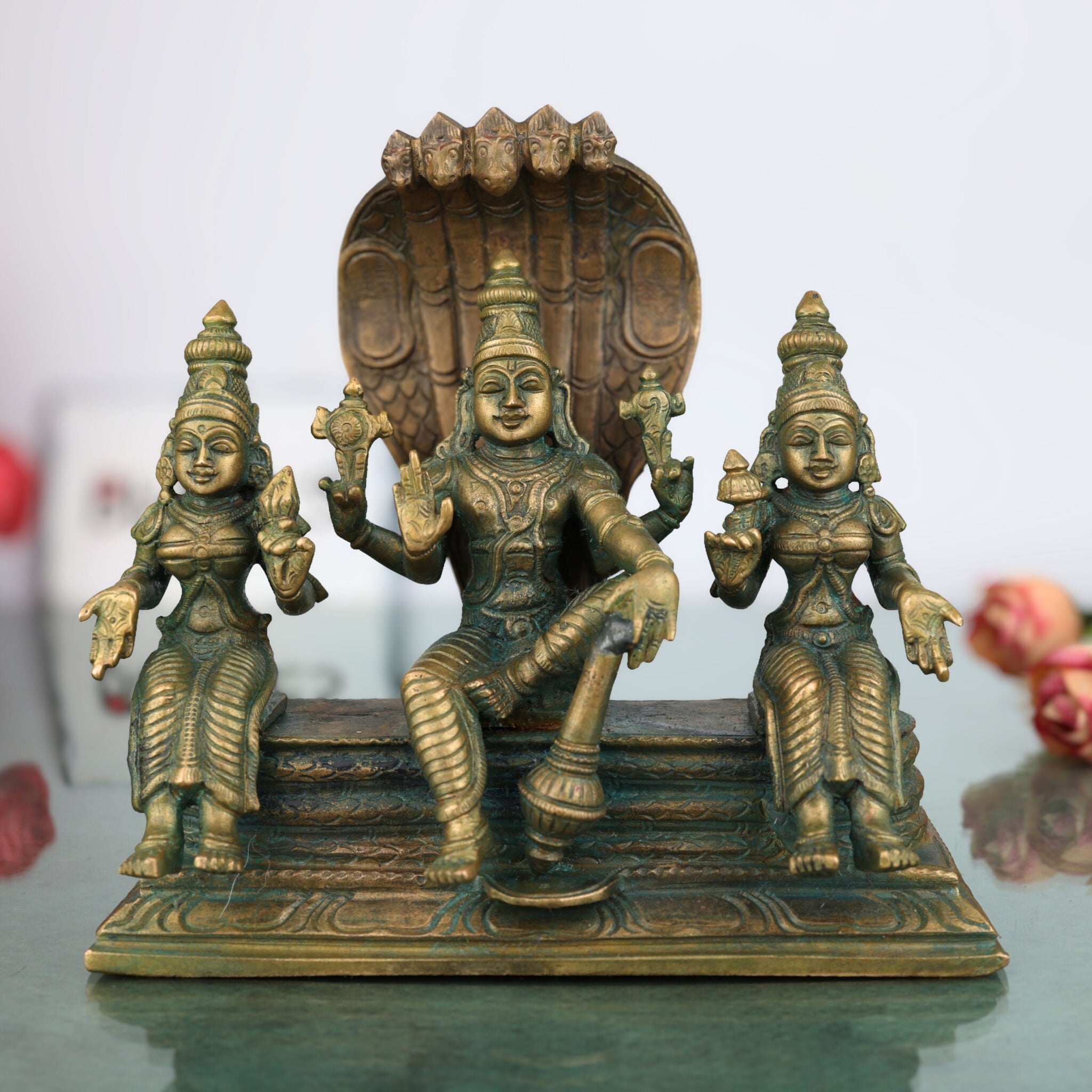 Handmade Bronze Vishnu with Sridevi Bhudevi Idol | Panchaloha Narayana Murti | Chola Art Perumal Statue,Brown, 7 Inch, 1 Piece