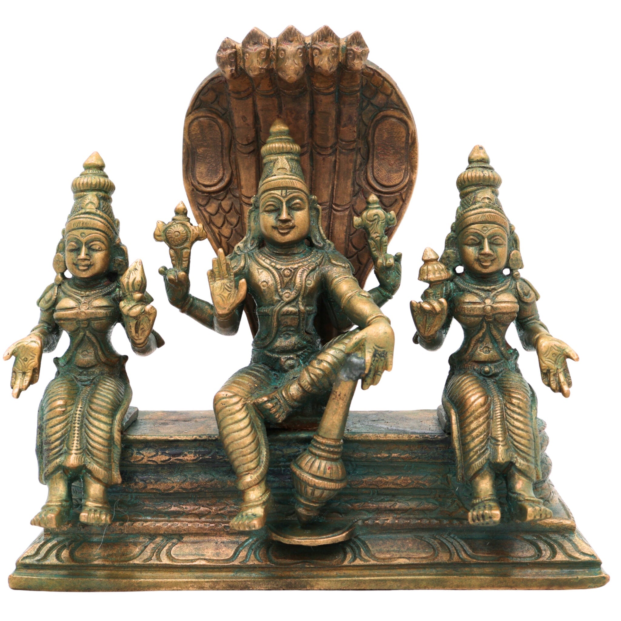 Handmade Bronze Vishnu with Sridevi Bhudevi Idol | Panchaloha Narayana Murti | Chola Art Perumal Statue,Brown, 7 Inch, 1 Piece