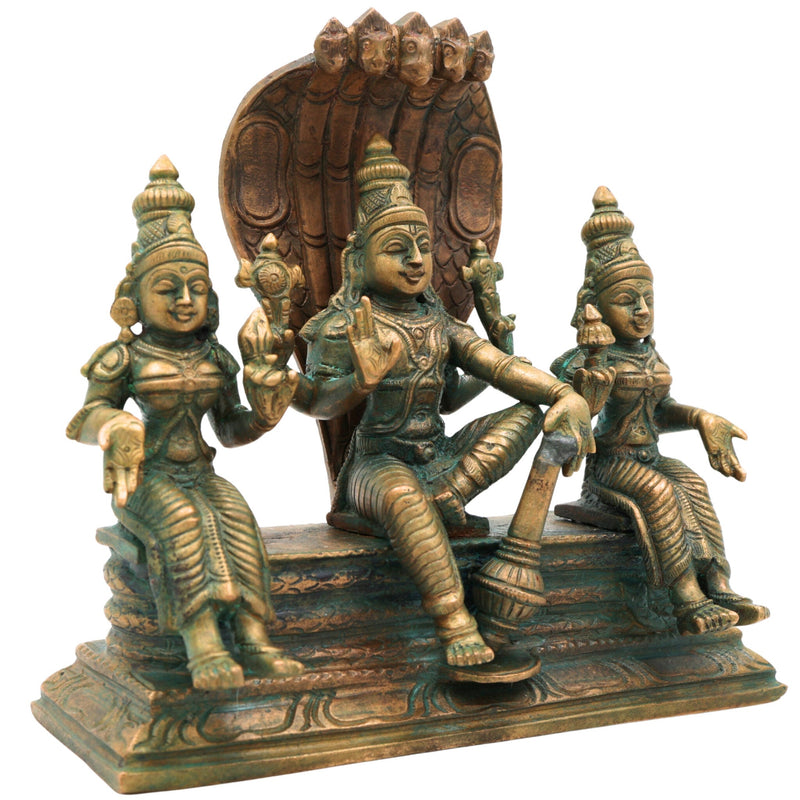 Handmade Bronze Vishnu with Sridevi Bhudevi Idol | Panchaloha Narayana Murti | Chola Art Perumal Statue,Brown, 7 Inch, 1 Piece