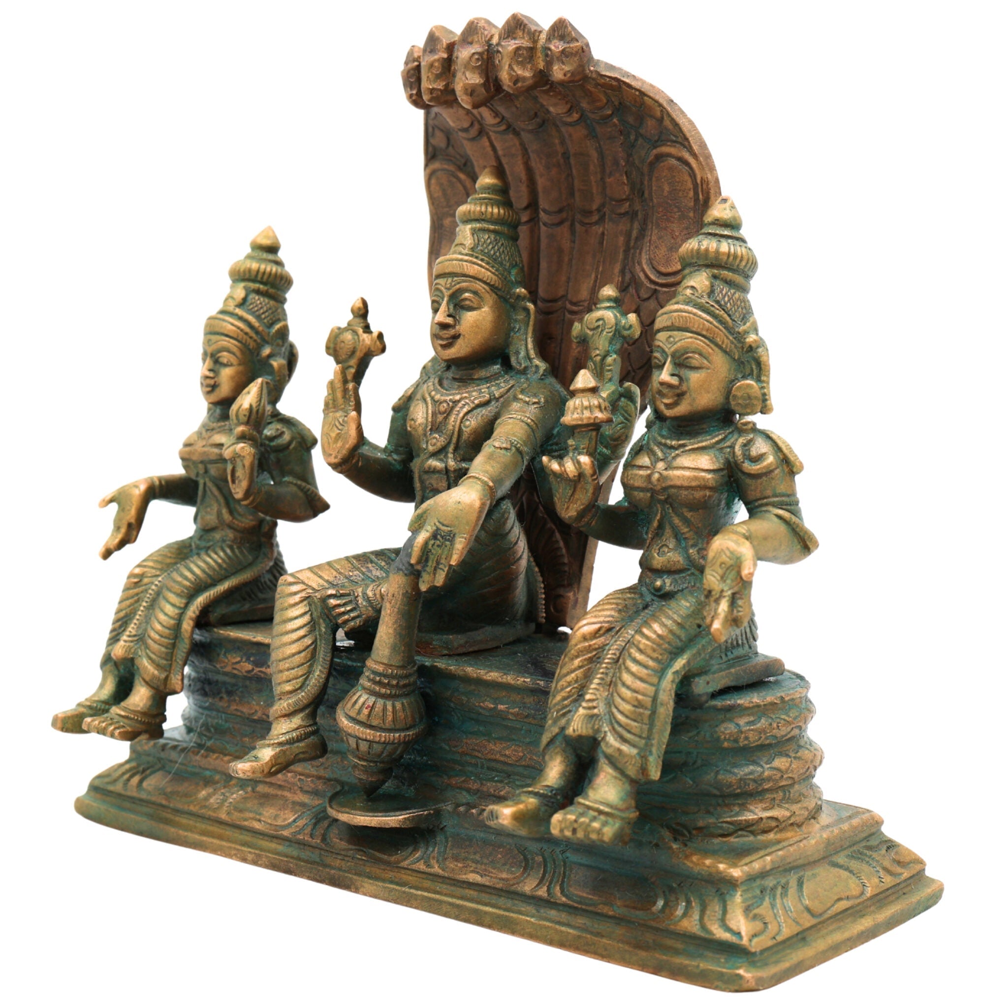 Handmade Bronze Vishnu with Sridevi Bhudevi Idol | Panchaloha Narayana Murti | Chola Art Perumal Statue,Brown, 7 Inch, 1 Piece