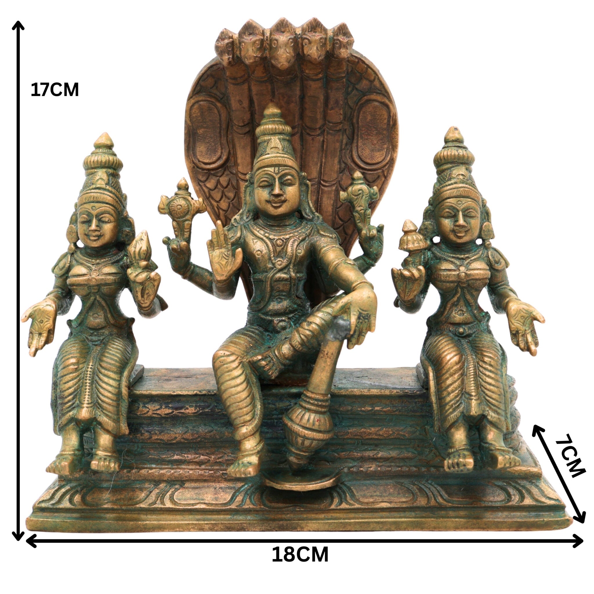 Handmade Bronze Vishnu with Sridevi Bhudevi Idol | Panchaloha Narayana Murti | Chola Art Perumal Statue,Brown, 7 Inch, 1 Piece