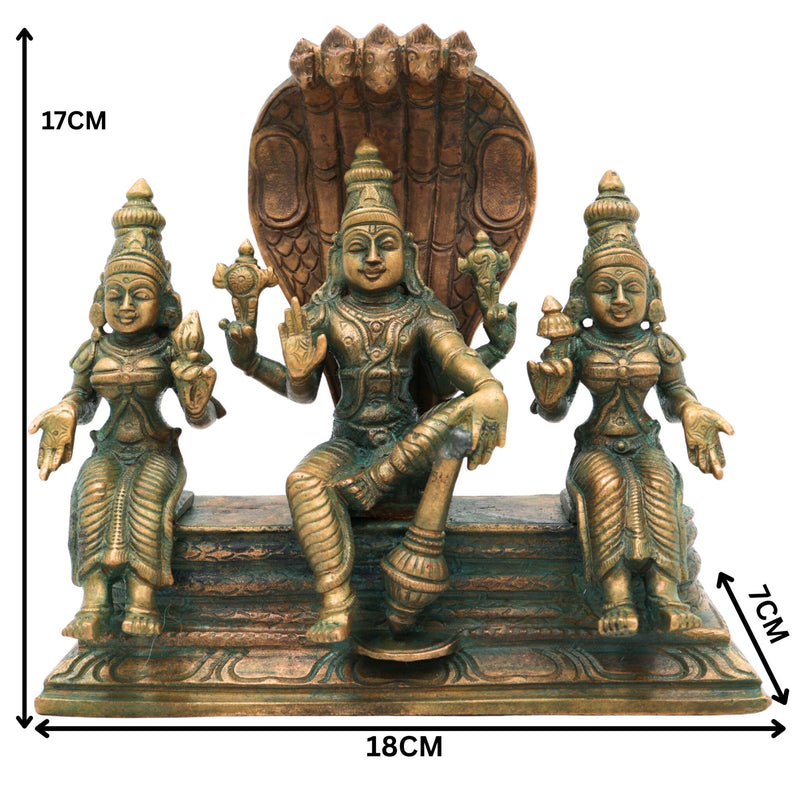 Handmade Bronze Vishnu with Sridevi Bhudevi Idol | Panchaloha Narayana Murti | Chola Art Perumal Statue,Brown, 7 Inch, 1 Piece