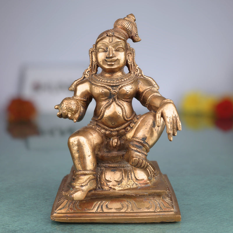 Handcrafted Bronze Bal Gopala Idol | Panchaloha Laddu Krishna Statue | Bala Krishna Murti | Kanha Kanhaiya Murti | Chola Art Krishna Figurine,Brown, 6.5 Inch, 1 Piece