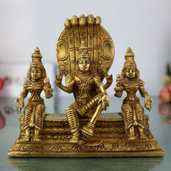 Brass Vishnu with Sridevi Bhudevi and Naga Idol | Vishnu Sridevi Bhudevi Murti | Narayana Venkateswara Brass Statue | Padmanabha Govinda Temple Murti | Home Pooja Decor, Gold, 6.5 Inch, 1 Piece