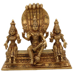 Brass Vishnu with Sridevi Bhudevi and Naga Idol | Vishnu Sridevi Bhudevi Murti | Narayana Venkateswara Brass Statue | Padmanabha Govinda Temple Murti | Home Pooja Decor, Gold, 6.5 Inch, 1 Piece