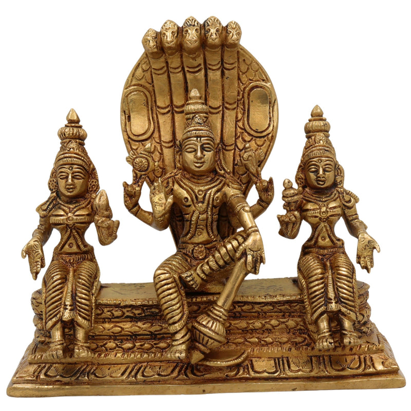 Brass Vishnu with Sridevi Bhudevi and Naga Idol | Vishnu Sridevi Bhudevi Murti | Narayana Venkateswara Brass Statue | Padmanabha Govinda Temple Murti | Home Pooja Decor, Gold, 6.5 Inch, 1 Piece