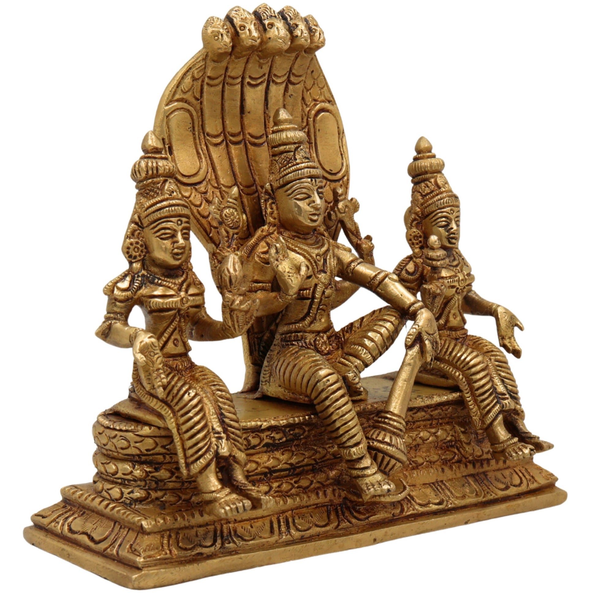 Brass Vishnu with Sridevi Bhudevi and Naga Idol | Vishnu Sridevi Bhudevi Murti | Narayana Venkateswara Brass Statue | Padmanabha Govinda Temple Murti | Home Pooja Decor, Gold, 6.5 Inch, 1 Piece