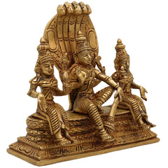 Brass Vishnu with Sridevi Bhudevi and Naga Idol | Vishnu Sridevi Bhudevi Murti | Narayana Venkateswara Brass Statue | Padmanabha Govinda Temple Murti | Home Pooja Decor, Gold, 6.5 Inch, 1 Piece