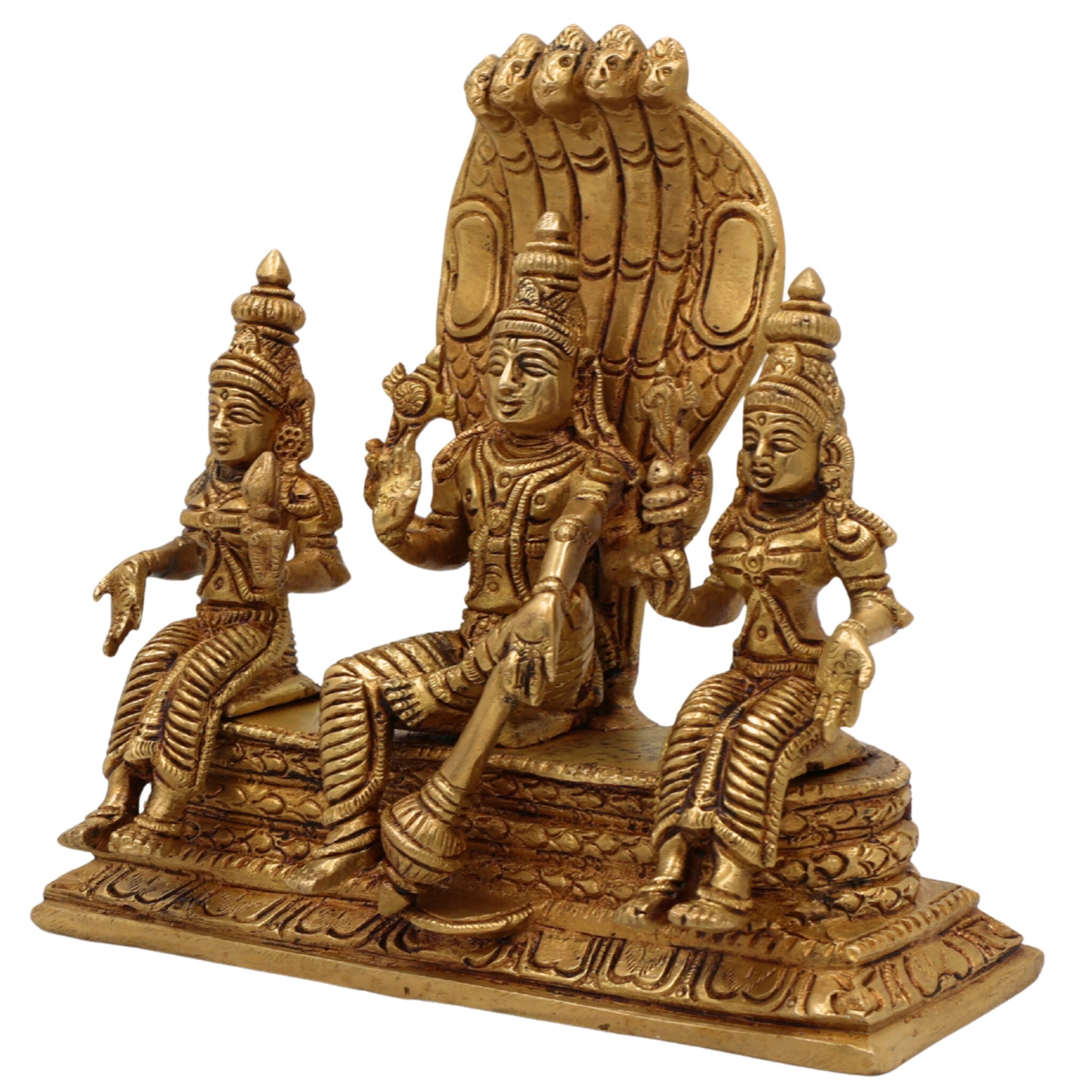 Brass Vishnu with Sridevi Bhudevi and Naga Idol | Vishnu Sridevi Bhudevi Murti | Narayana Venkateswara Brass Statue | Padmanabha Govinda Temple Murti | Home Pooja Decor, Gold, 6.5 Inch, 1 Piece