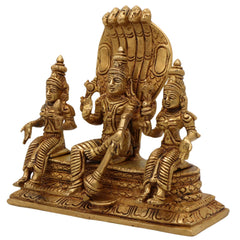 Brass Vishnu with Sridevi Bhudevi and Naga Idol | Vishnu Sridevi Bhudevi Murti | Narayana Venkateswara Brass Statue | Padmanabha Govinda Temple Murti | Home Pooja Decor, Gold, 6.5 Inch, 1 Piece