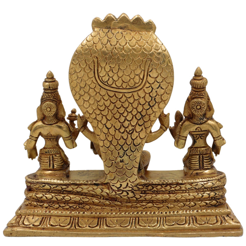 Brass Vishnu with Sridevi Bhudevi and Naga Idol | Vishnu Sridevi Bhudevi Murti | Narayana Venkateswara Brass Statue | Padmanabha Govinda Temple Murti | Home Pooja Decor, Gold, 6.5 Inch, 1 Piece