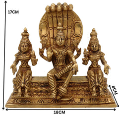 Brass Vishnu with Sridevi Bhudevi and Naga Idol | Vishnu Sridevi Bhudevi Murti | Narayana Venkateswara Brass Statue | Padmanabha Govinda Temple Murti | Home Pooja Decor, Gold, 6.5 Inch, 1 Piece
