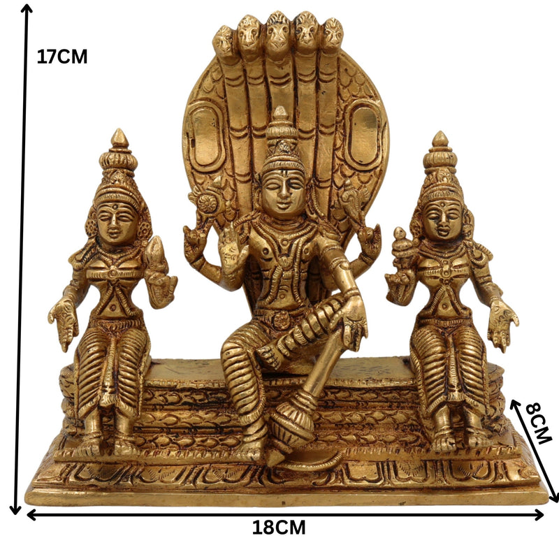 Brass Vishnu with Sridevi Bhudevi and Naga Idol | Vishnu Sridevi Bhudevi Murti | Narayana Venkateswara Brass Statue | Padmanabha Govinda Temple Murti | Home Pooja Decor, Gold, 6.5 Inch, 1 Piece