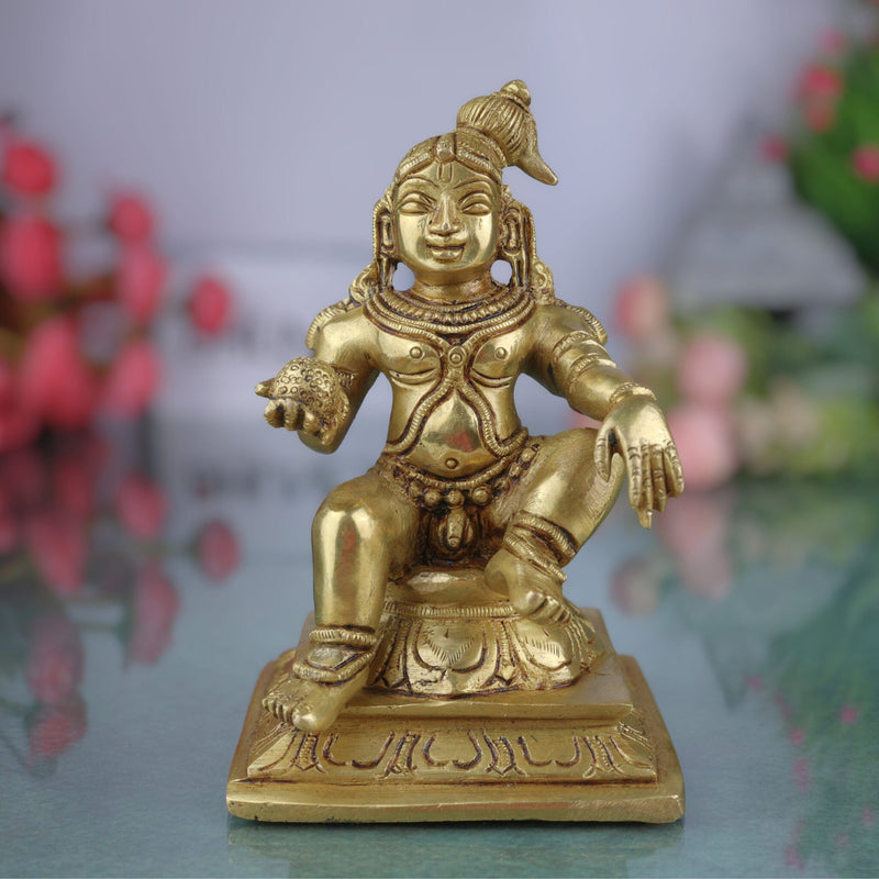Brass Ladoo Gopal Idol | Bal Krishna Murti | Makhan Chor Navneet Chora Nandalala Statue for Pooja, Temple & Home Decor, Gold, 6.5 Inch, 1 Piece