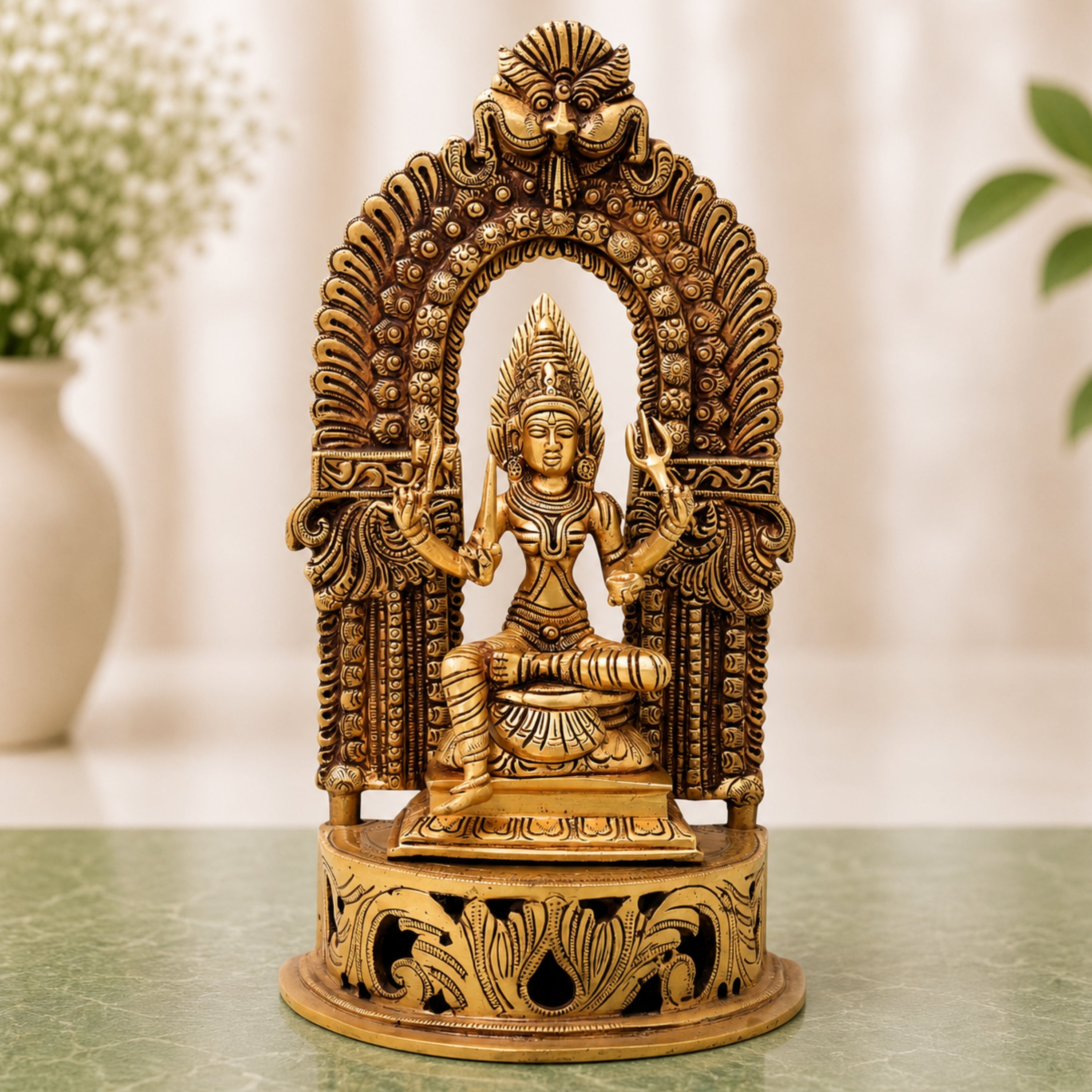 Brass Mariamman Idol with Chowki And Prabhavali, Mariamma, Shakti Angala Parameshwari Peetal Murti Pittal Statue Temple Pooja Home Decor Gift,Gold, 11 Inch, 1 Piece