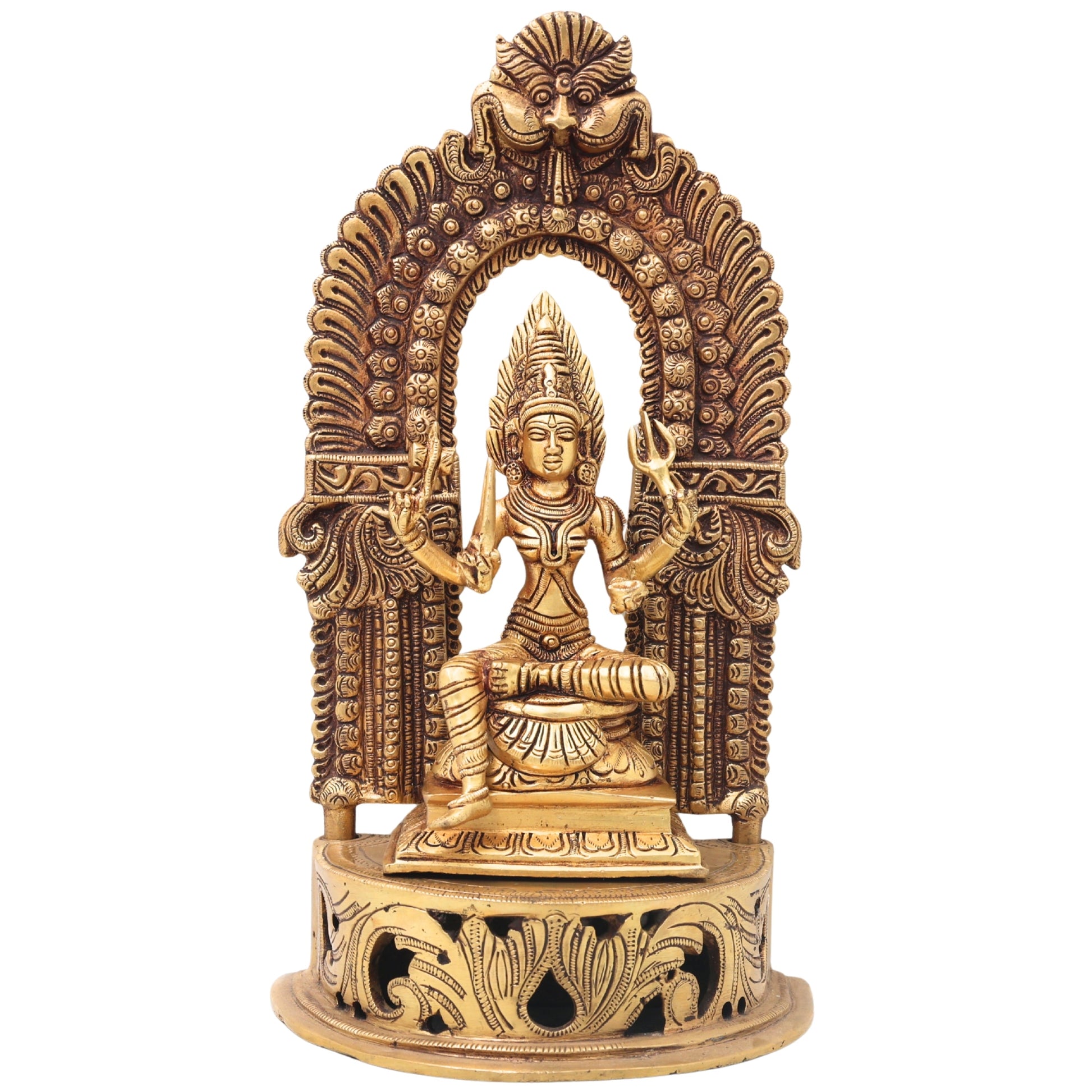 Brass Mariamman Idol with Chowki And Prabhavali, Mariamma, Shakti Angala Parameshwari Peetal Murti Pittal Statue Temple Pooja Home Decor Gift,Gold, 11 Inch, 1 Piece