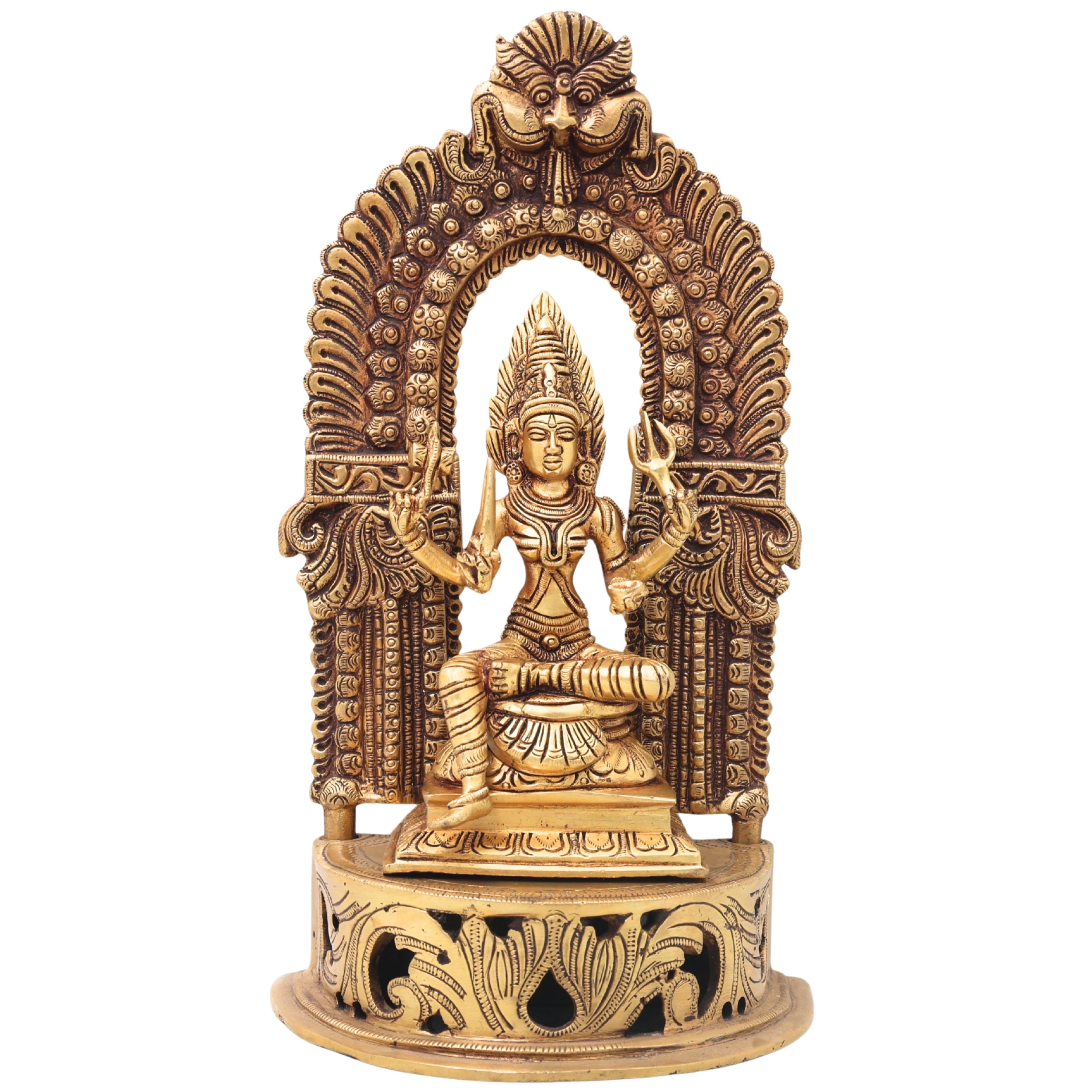 Brass Mariamman Idol with Chowki And Prabhavali, Mariamma, Shakti Angala Parameshwari Peetal Murti Pittal Statue Temple Pooja Home Decor Gift,Gold, 11 Inch, 1 Piece