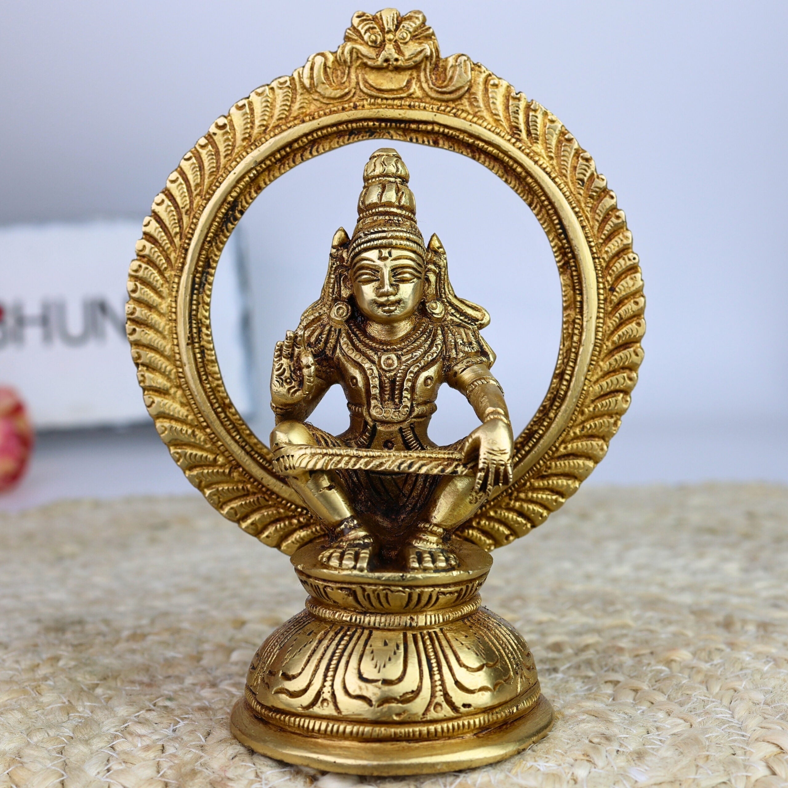 Handcrafted Brass Lord Ayyappa Idol, Dharmasastha Sculpture for Home, Temple Décor, Pooja, Gifts, Spiritual Blessings, Good Luck,Gold, 6 Inch, 1 Piece
