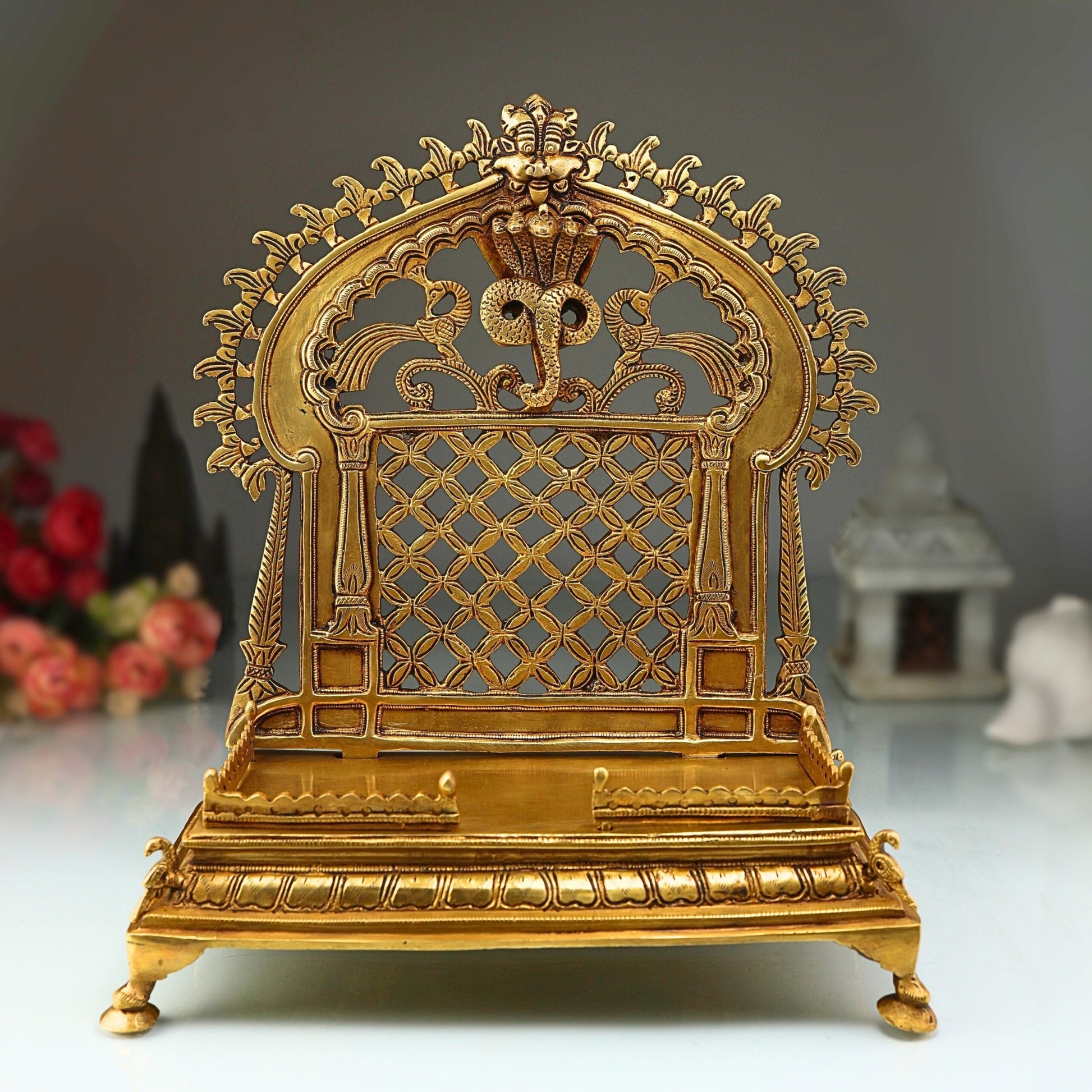 Brass Handcrafted Pooja Chowki with Prabhavali, Heavy Singhasan Peetha for Deity, Temple Bajot, Mandir Throne Stand, Gold, 14 Inch, 1 Piece