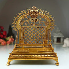 Brass Handcrafted Pooja Chowki with Prabhavali, Heavy Singhasan Peetha for Deity, Temple Bajot, Mandir Throne Stand, Gold, 14 Inch, 1 Piece