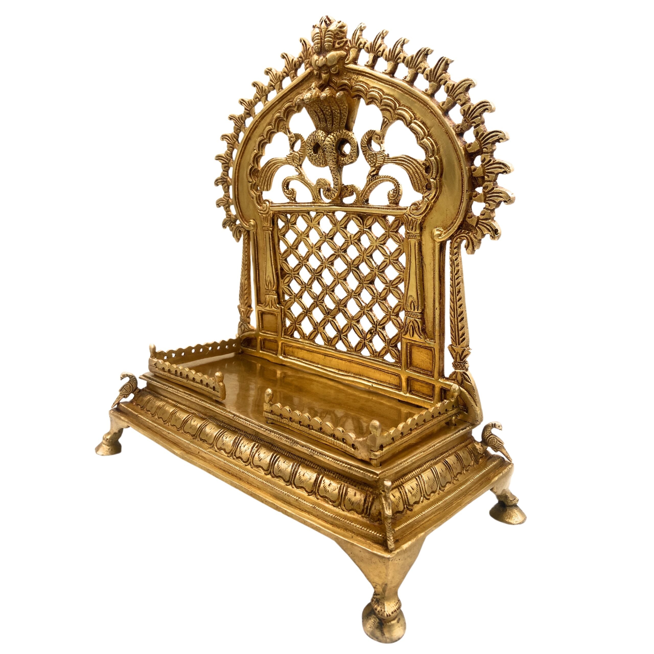 Brass Handcrafted Pooja Chowki with Prabhavali, Heavy Singhasan Peetha for Deity, Temple Bajot, Mandir Throne Stand, Gold, 14 Inch, 1 Piece