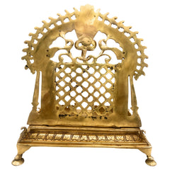 Brass Handcrafted Pooja Chowki with Prabhavali, Heavy Singhasan Peetha for Deity, Temple Bajot, Mandir Throne Stand, Gold, 14 Inch, 1 Piece