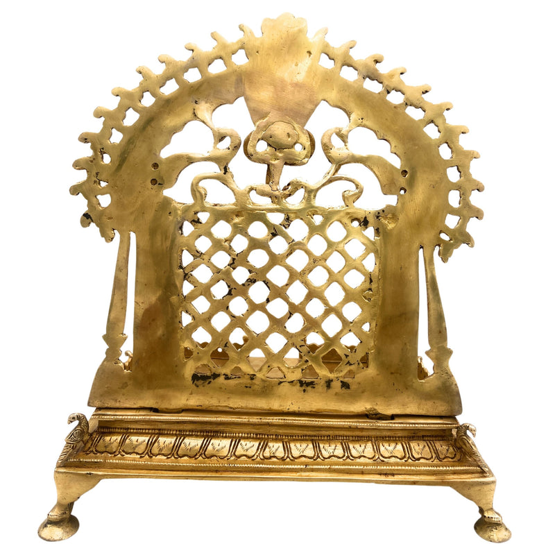 Brass Handcrafted Pooja Chowki with Prabhavali, Heavy Singhasan Peetha for Deity, Temple Bajot, Mandir Throne Stand, Gold, 14 Inch, 1 Piece
