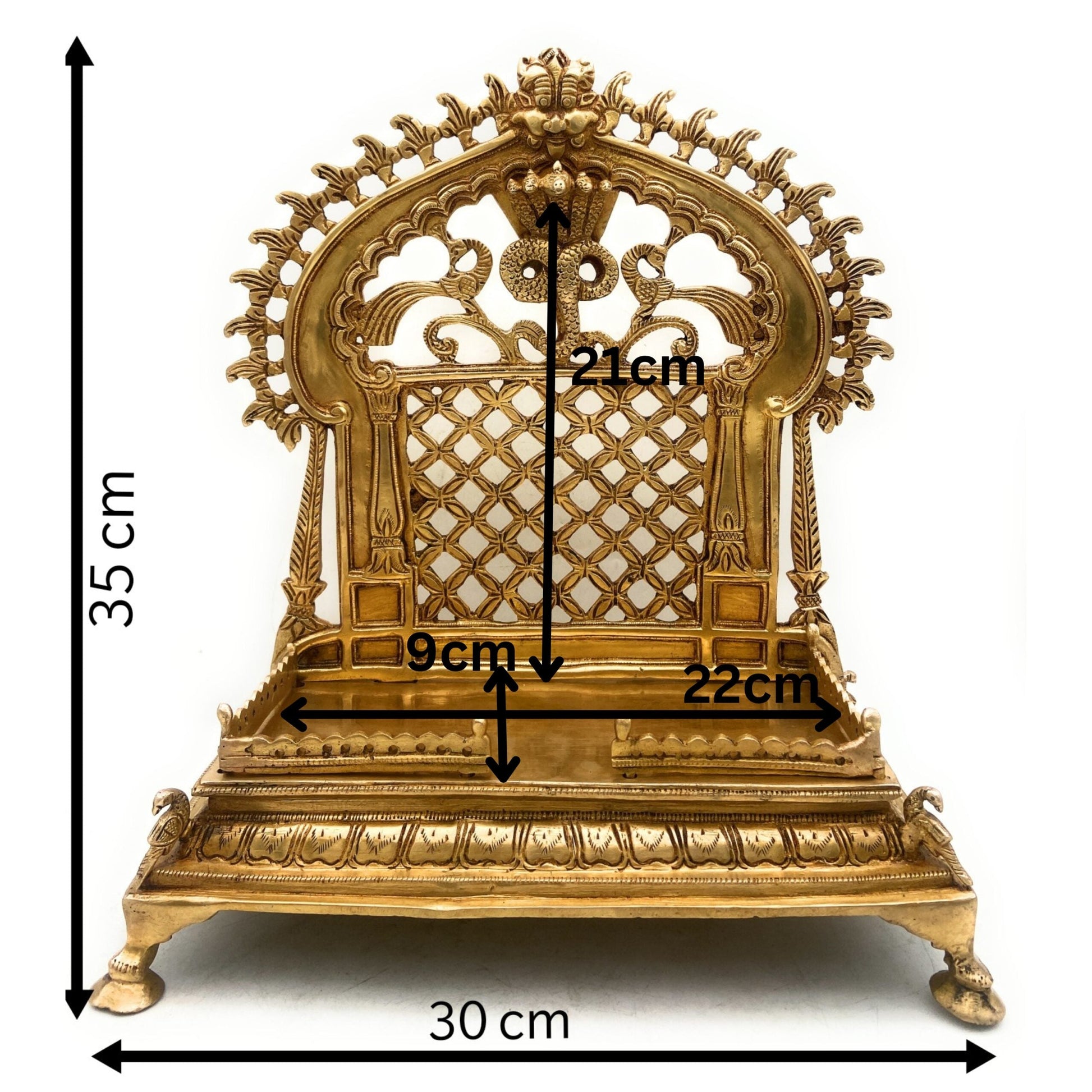 Brass Handcrafted Pooja Chowki with Prabhavali, Heavy Singhasan Peetha for Deity, Temple Bajot, Mandir Throne Stand, Gold, 14 Inch, 1 Piece