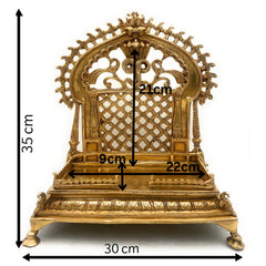 Brass Handcrafted Pooja Chowki with Prabhavali, Heavy Singhasan Peetha for Deity, Temple Bajot, Mandir Throne Stand, Gold, 14 Inch, 1 Piece
