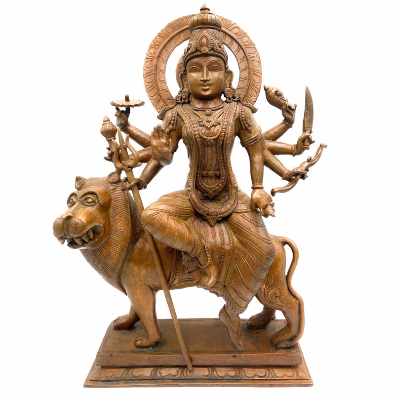 Bronze Durga Idol | Panchaloha Maa Durga Murti | Navadurga Statue | Handmade Chola Art Goddess Durga for Pooja & Temple Decor, Brown, 19 Inch, 1 Piece