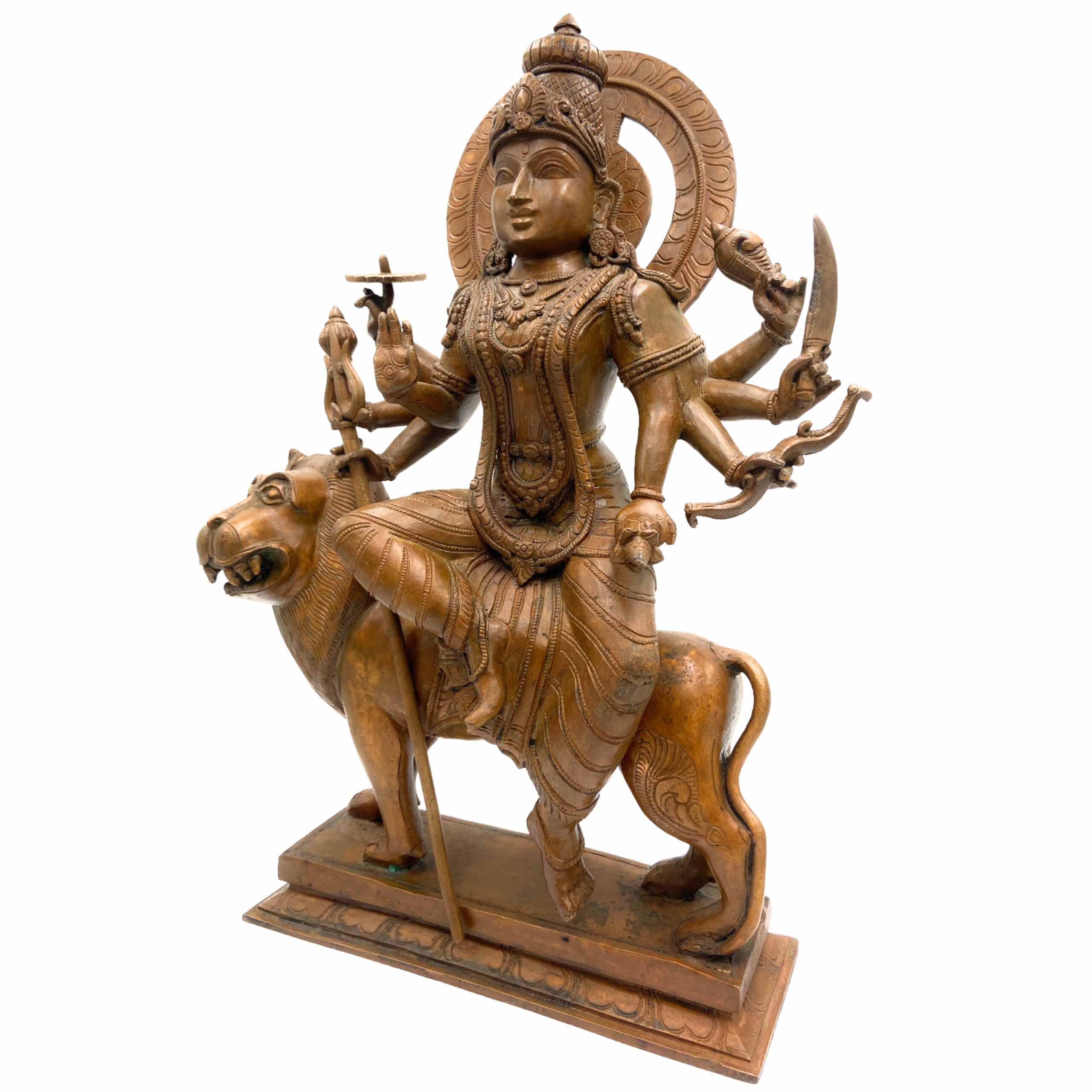 Bronze Durga Idol | Panchaloha Maa Durga Murti | Navadurga Statue | Handmade Chola Art Goddess Durga for Pooja & Temple Decor, Brown, 19 Inch, 1 Piece