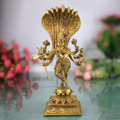 Brass Ashta Bhuja Krishna Idol with Naga Aura | Shree Krishna Murti, Kanha Moorti, Govinda Statue for Home Temple Pooja & Decor, Gold, 11 Inch, 1 Piece