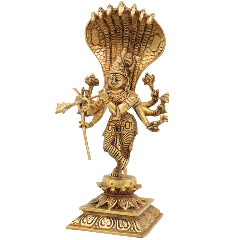 Brass Ashta Bhuja Krishna Idol with Naga Aura | Shree Krishna Murti, Kanha Moorti, Govinda Statue for Home Temple Pooja & Decor, Gold, 11 Inch, 1 Piece