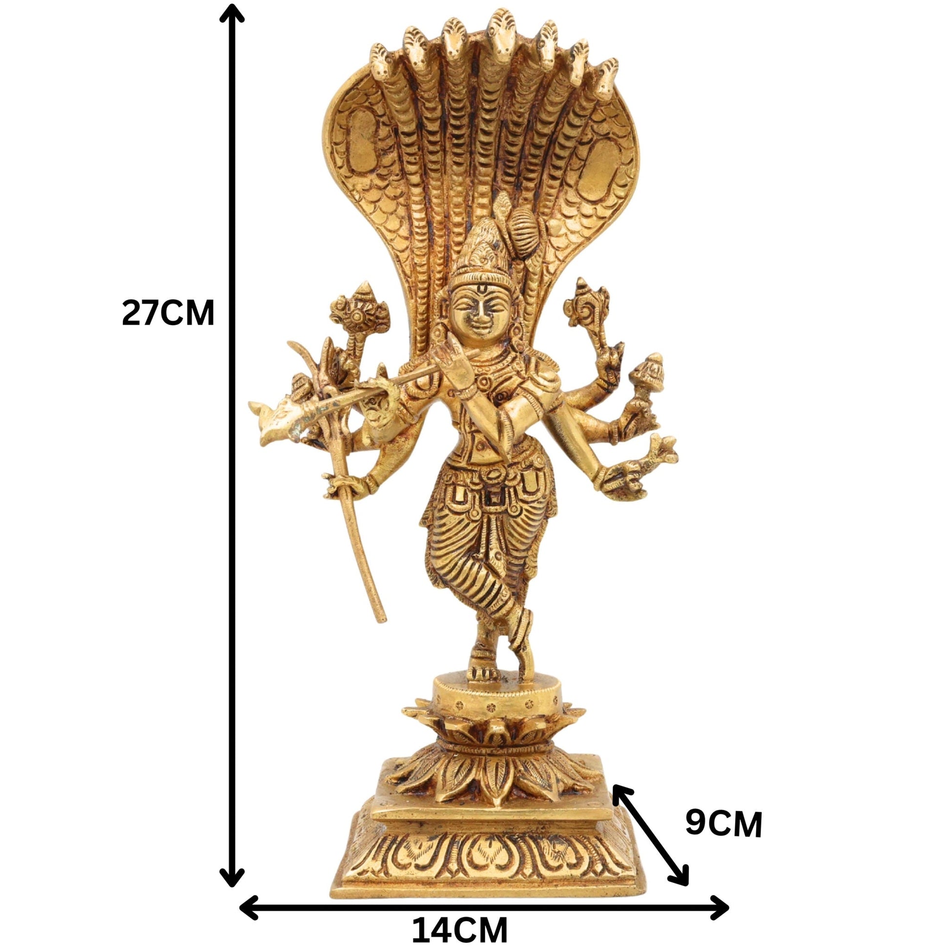 Brass Ashta Bhuja Krishna Idol with Naga Aura | Shree Krishna Murti, Kanha Moorti, Govinda Statue for Home Temple Pooja & Decor, Gold, 11 Inch, 1 Piece