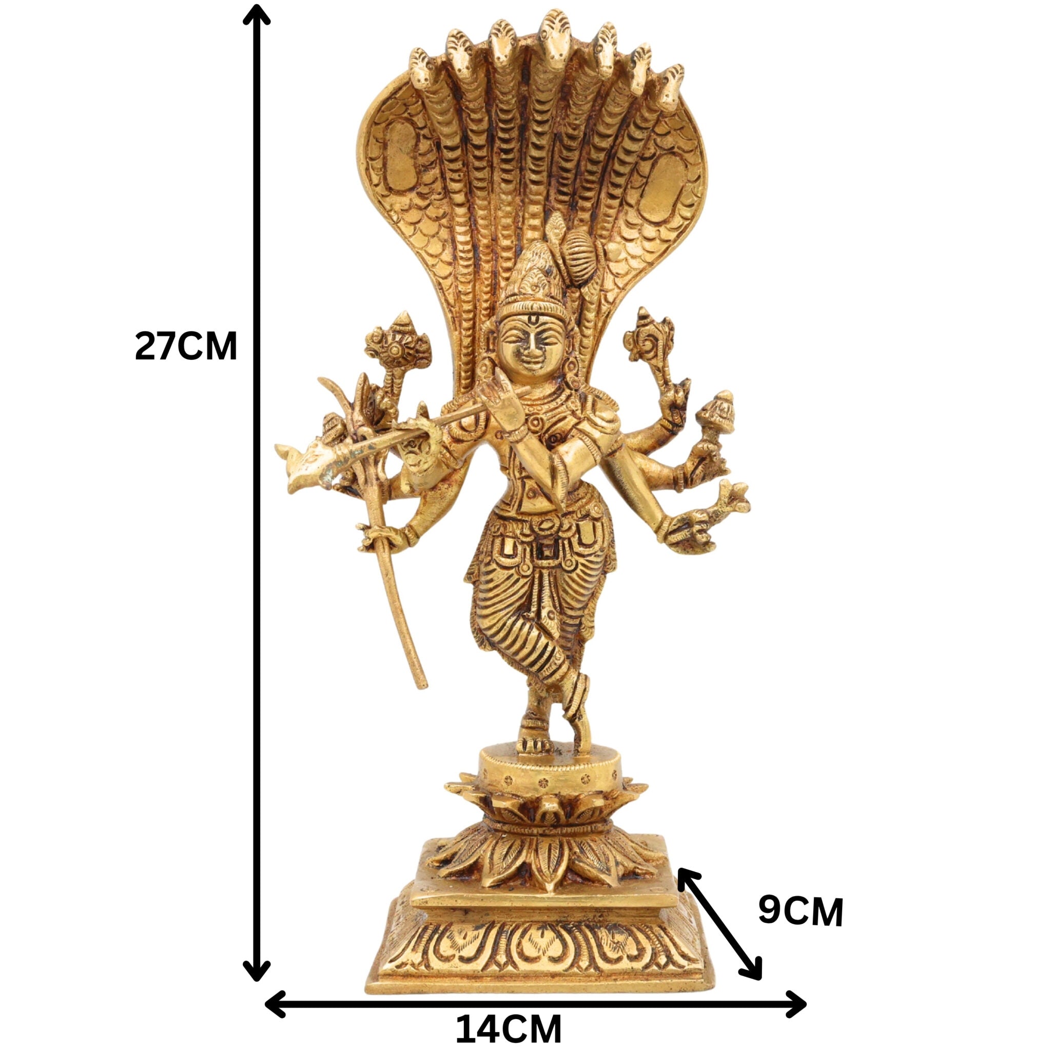 Brass Ashta Bhuja Krishna Idol with Naga Aura | Shree Krishna Murti, Kanha Moorti, Govinda Statue for Home Temple Pooja & Decor, Gold, 11 Inch, 1 Piece
