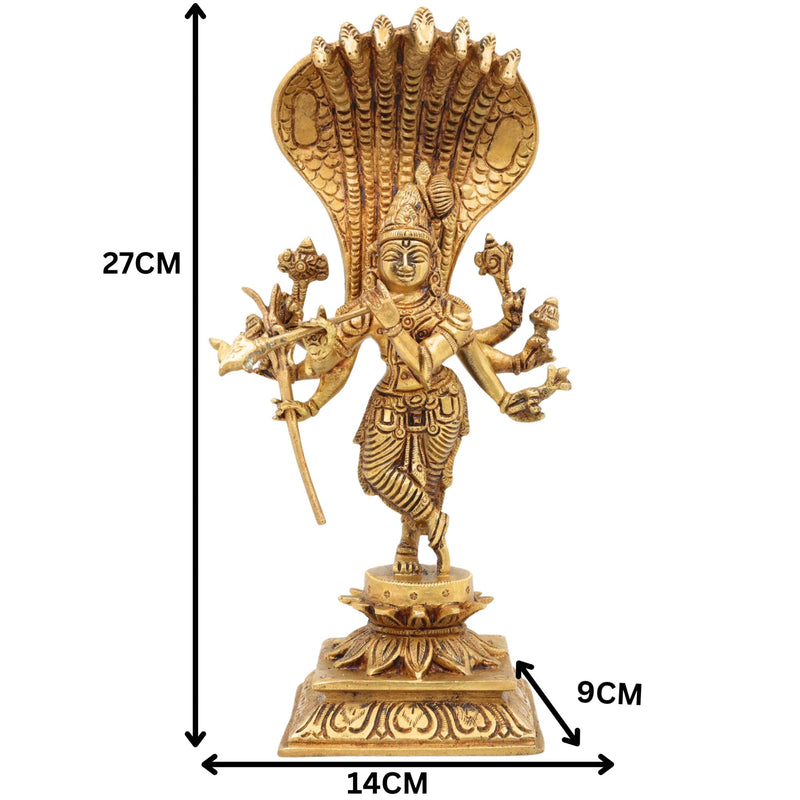 Brass Ashta Bhuja Krishna Idol with Naga Aura | Shree Krishna Murti, Kanha Moorti, Govinda Statue for Home Temple Pooja & Decor, Gold, 11 Inch, 1 Piece
