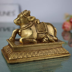 Brass Nandi Idol | Handcrafted Nandikeshwara Bull of Shiva Statue | Peetal Basava Murti for Home & Temple Pooja, Gold, 3 Inch, 1 Piece
