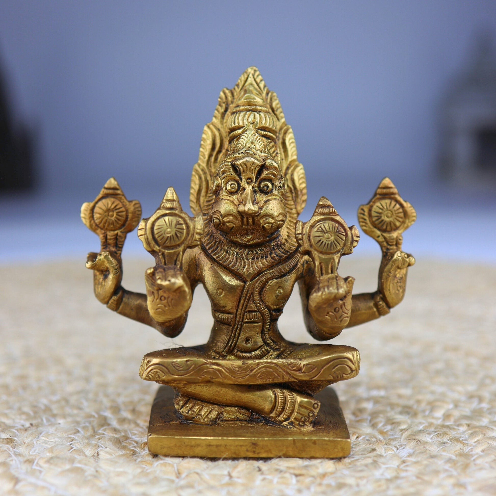 Brass Yoga Narasimha Idol, Yoga-Narasingh Statue, Narsimha Murthi, Narasingh Vigraha, Gold, 4.5 Inch, 1 Piece