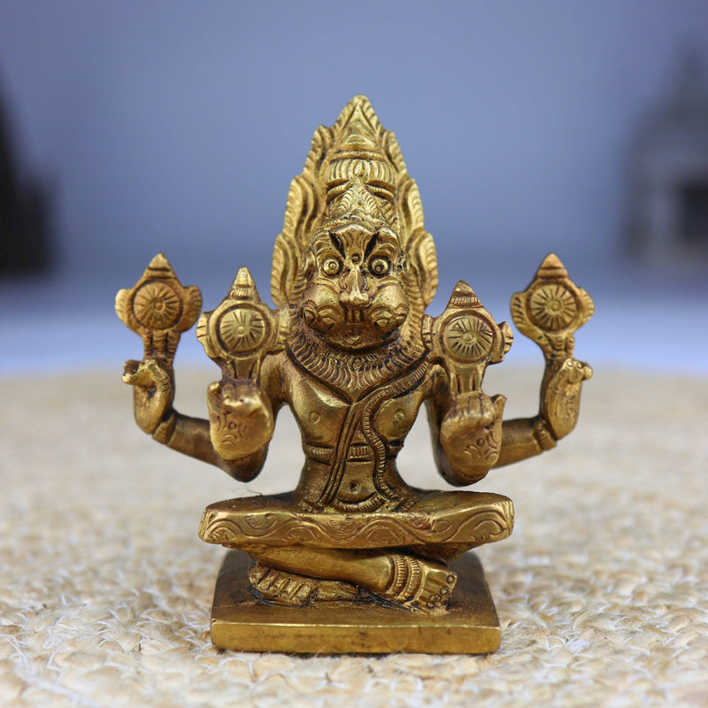 Brass Yoga Narasimha Idol, Yoga-Narasingh Statue, Narsimha Murthi, Narasingh Vigraha, Gold, 4.5 Inch, 1 Piece