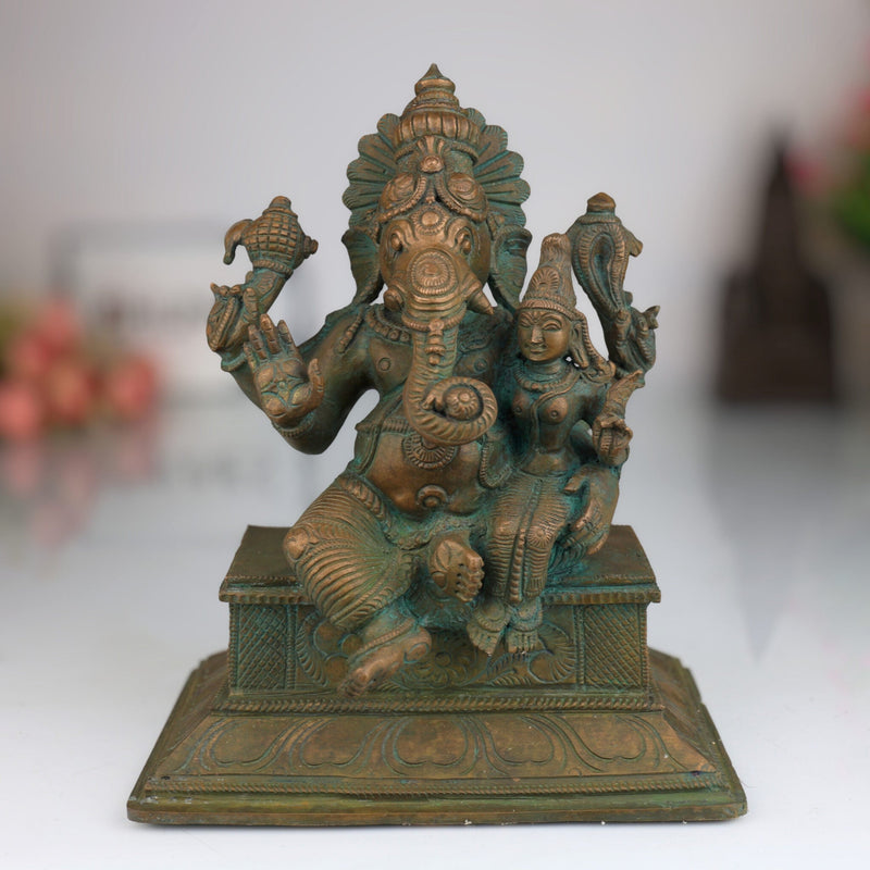 Handmade Panchaloha Ganesha with Siddhi, Bronze Eka Patni Ganesh Statue, Ganpati Idol, Vinayaka Ganesh Murti for Home, Temple & Gift,Brown, 8 Inch, 1 Piece