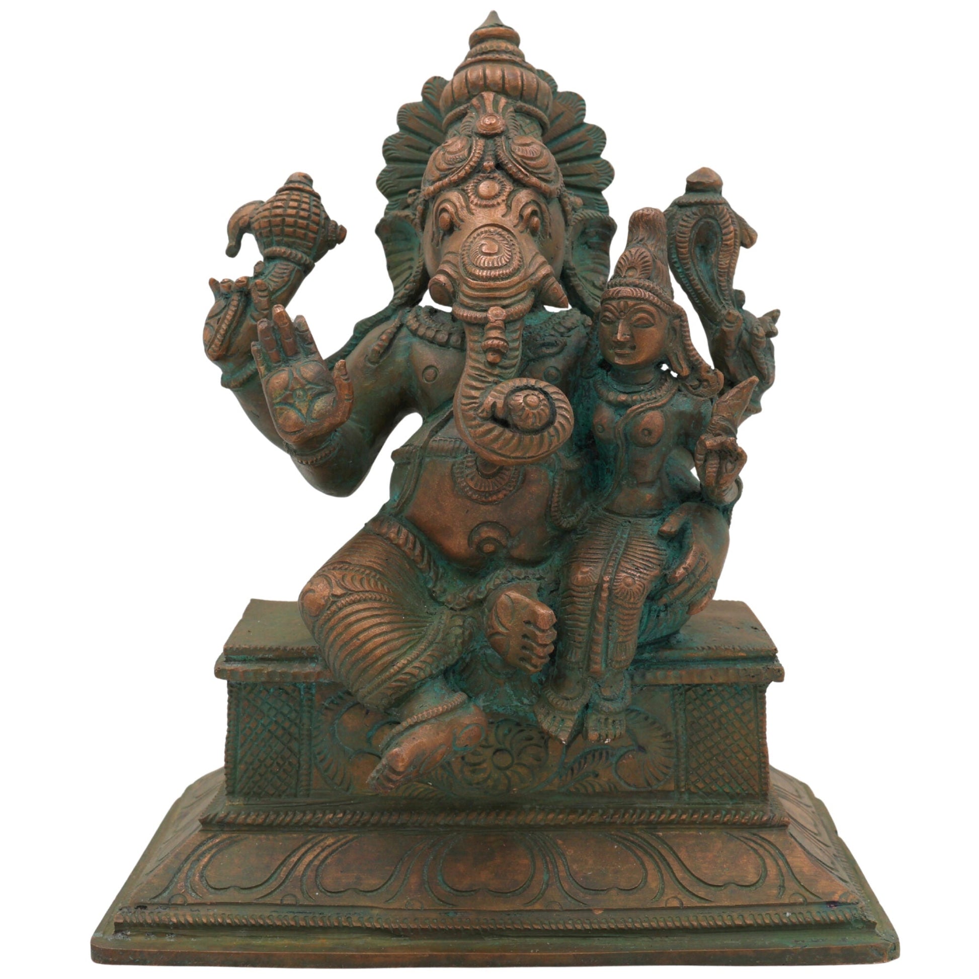 Handmade Panchaloha Ganesha with Siddhi, Bronze Eka Patni Ganesh Statue, Ganpati Idol, Vinayaka Ganesh Murti for Home, Temple & Gift,Brown, 8 Inch, 1 Piece