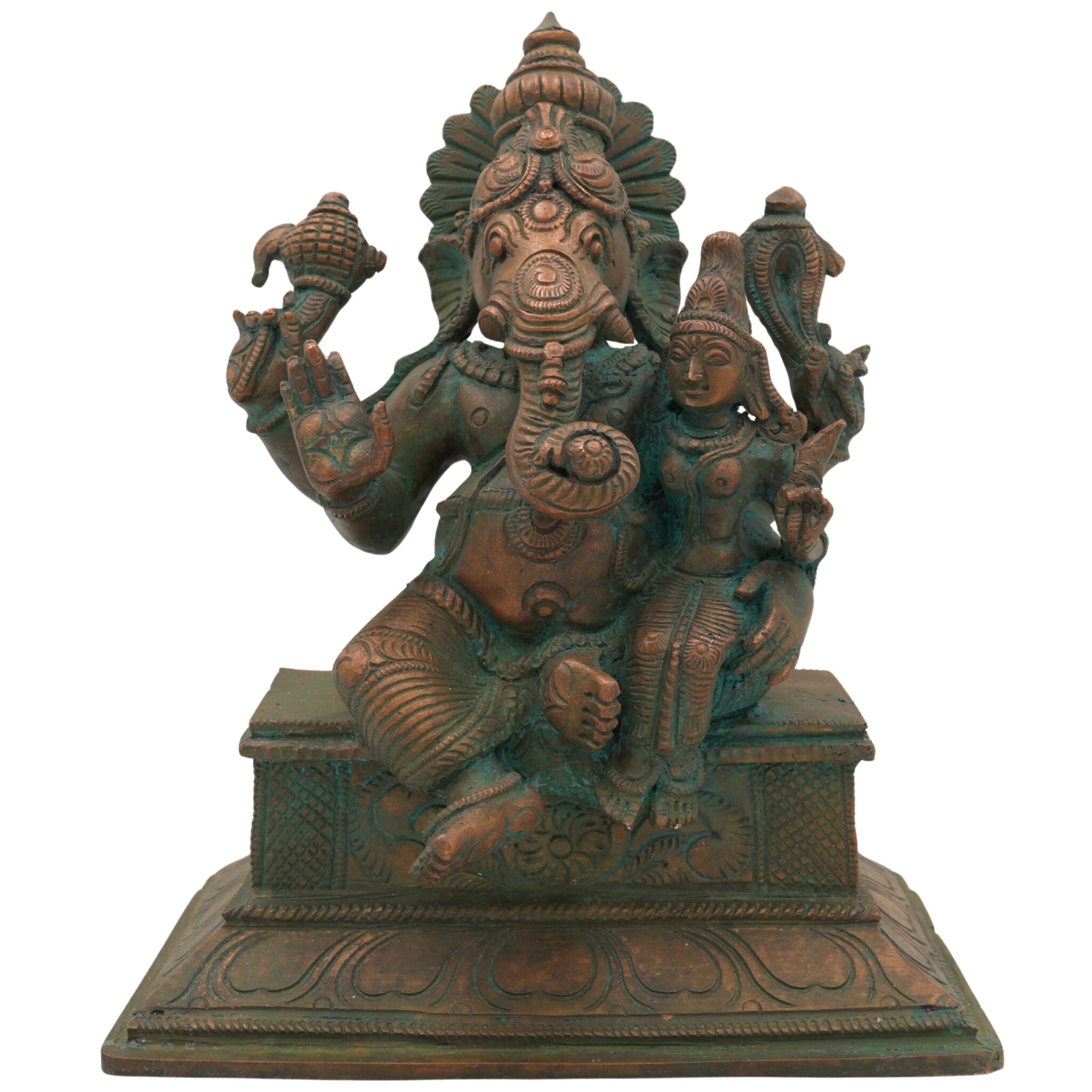Handmade Panchaloha Ganesha with Siddhi, Bronze Eka Patni Ganesh Statue, Ganpati Idol, Vinayaka Ganesh Murti for Home, Temple & Gift,Brown, 8 Inch, 1 Piece