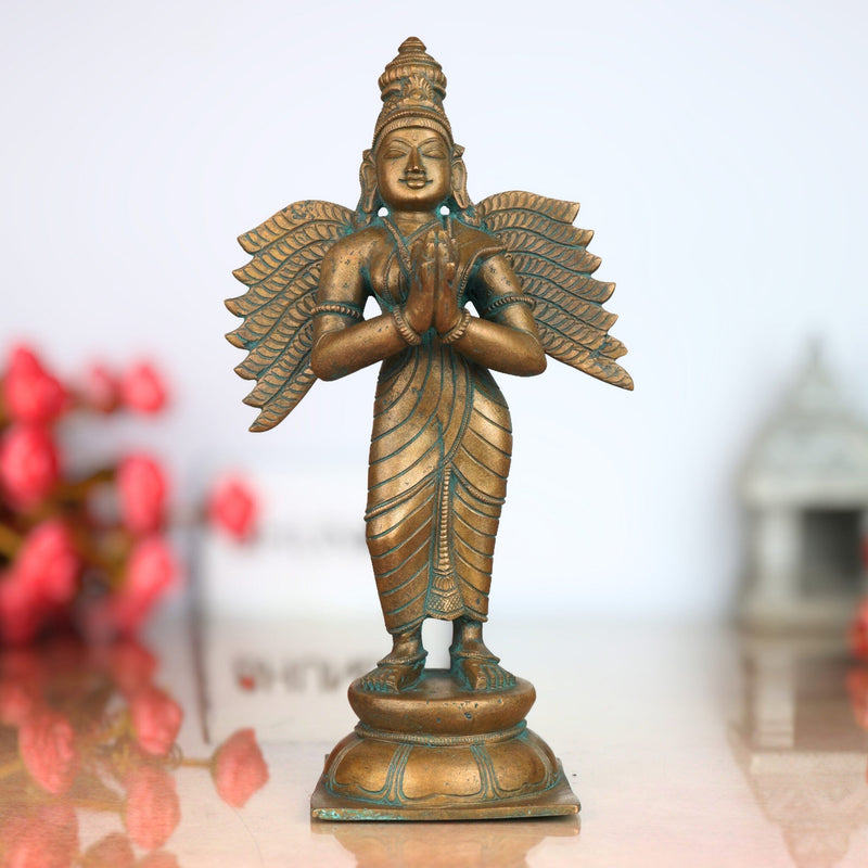 Handcrafted Bronze Garuda Dev Idol | Vishnu Vahana Suparna Garuda Swamy Sculpture in Panchaloha for Temple & Home Decor,Brown, 10.5 Inch, 1 Piece