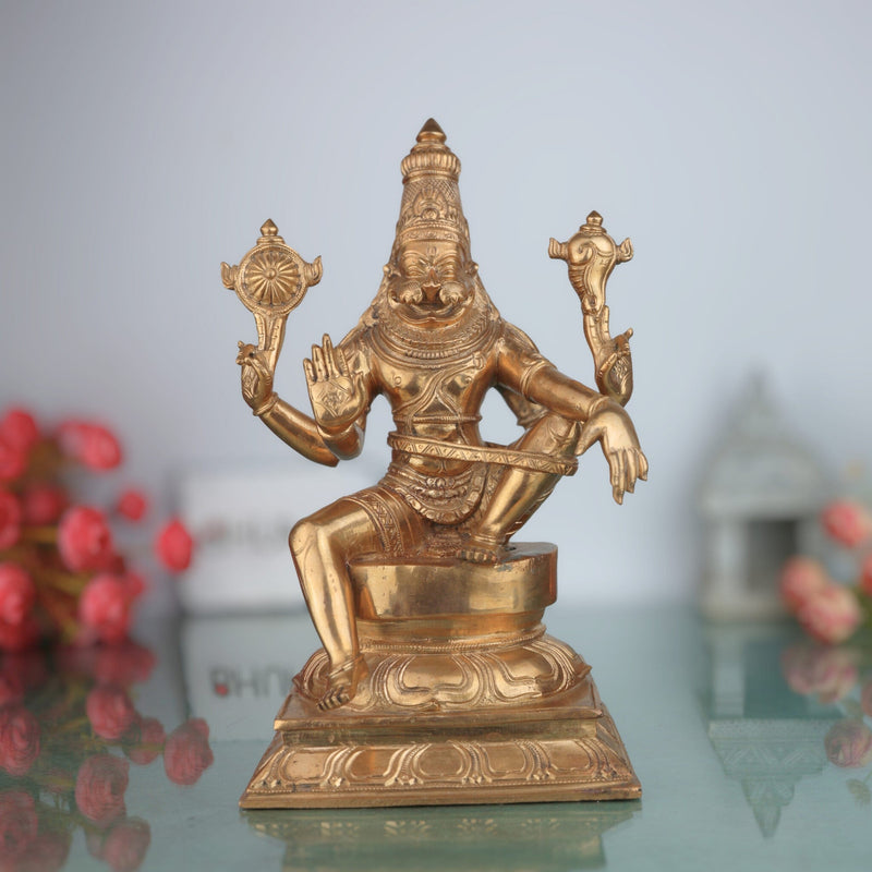 Handcrafted Bronze Yoga Narasimha Idol – Panchaloha Lord Narasingha Statue for Pooja, Home, Temple & Meditation Decor,Gold, 12 Inch, 1 Piece