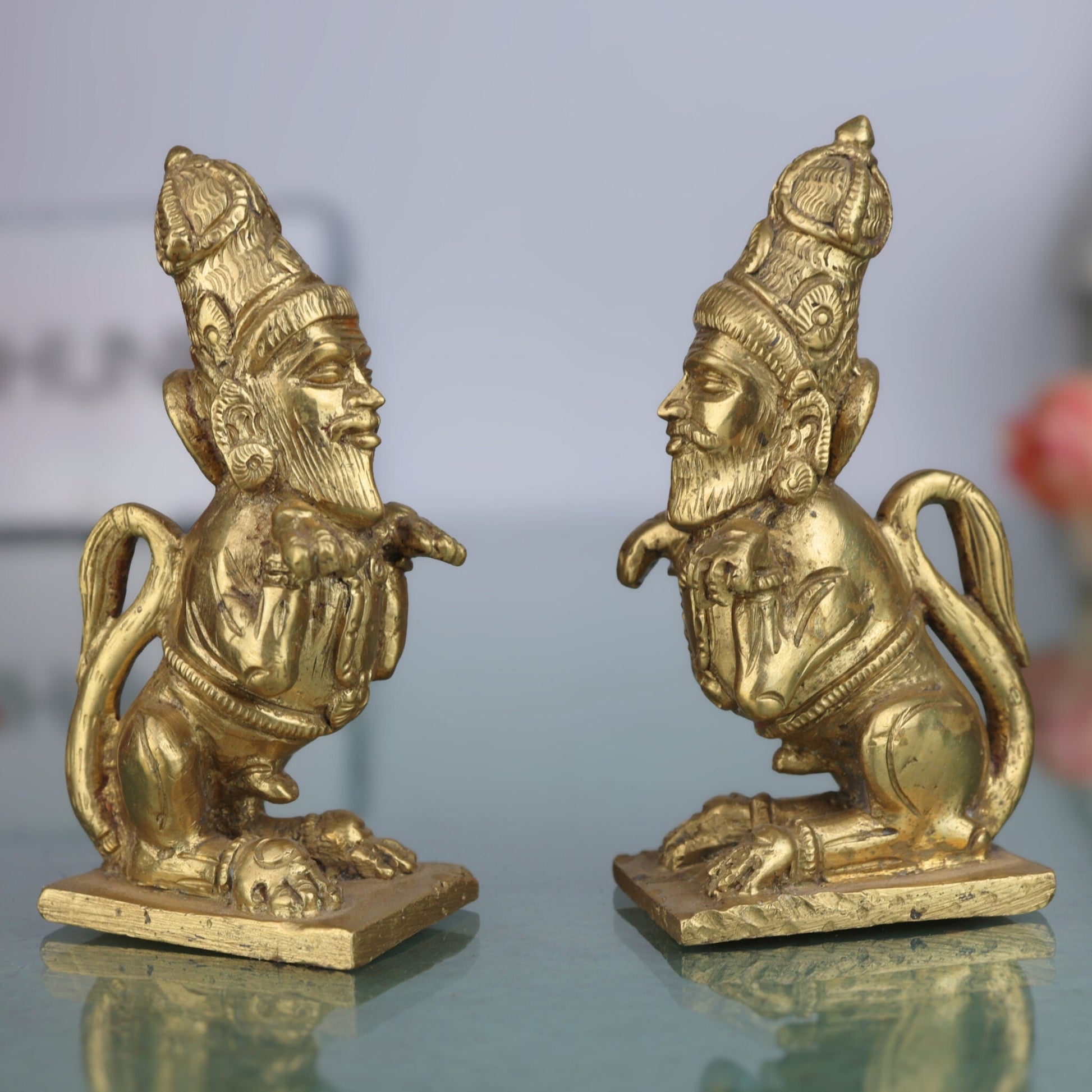 Handcrafted Bronze Purushamruga Yali Idol – Panchaloha Vyala Simhamukha Shardula Chola Art Temple Sculpture for Vastu & Home Décor,Gold, 3 Inch, 1 Piece