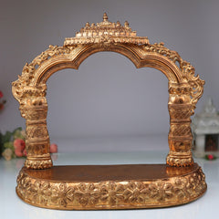 Panchaloha Bronze Mandapam with Prabhavali | Handmade Pooja Chowki, Singhasan Peetha, God Idol Pedestal, Traditional Temple Bajot with Arch Backrest, Gold, 15 Inch, 1 Piece
